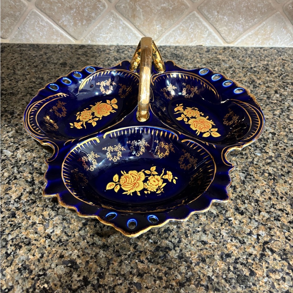 CZECH REP. VINTAGE COBALT BLUE PORCELAIN 3 SECTION DISH W.‎ 24K GOLD HIGHLIGHTS